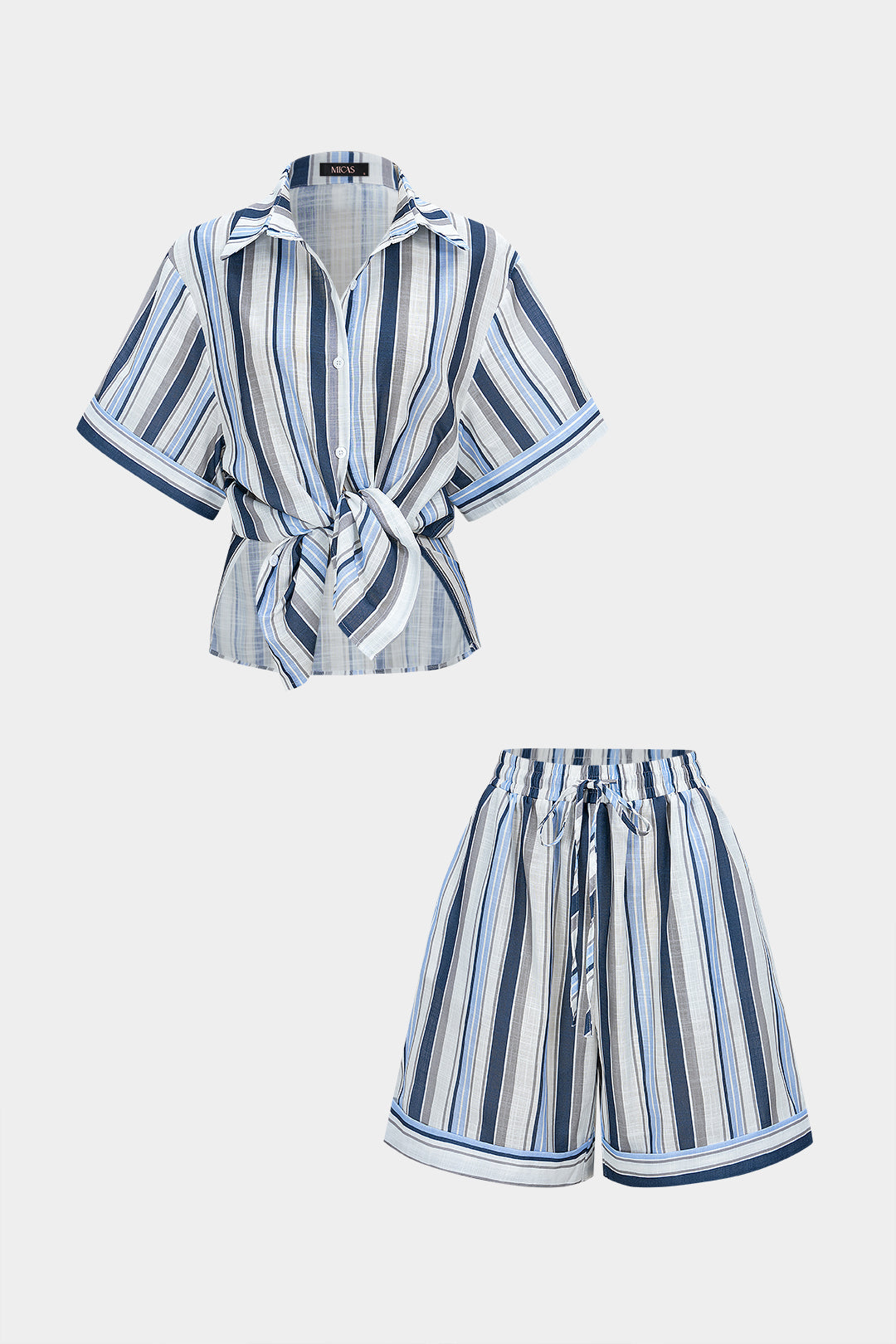 Stripes Print Tie-Up Short Sleeve Top And Straight Leg Shorts Set