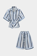 Stripes Print Tie-Up Short Sleeve Top And Straight Leg Shorts Set