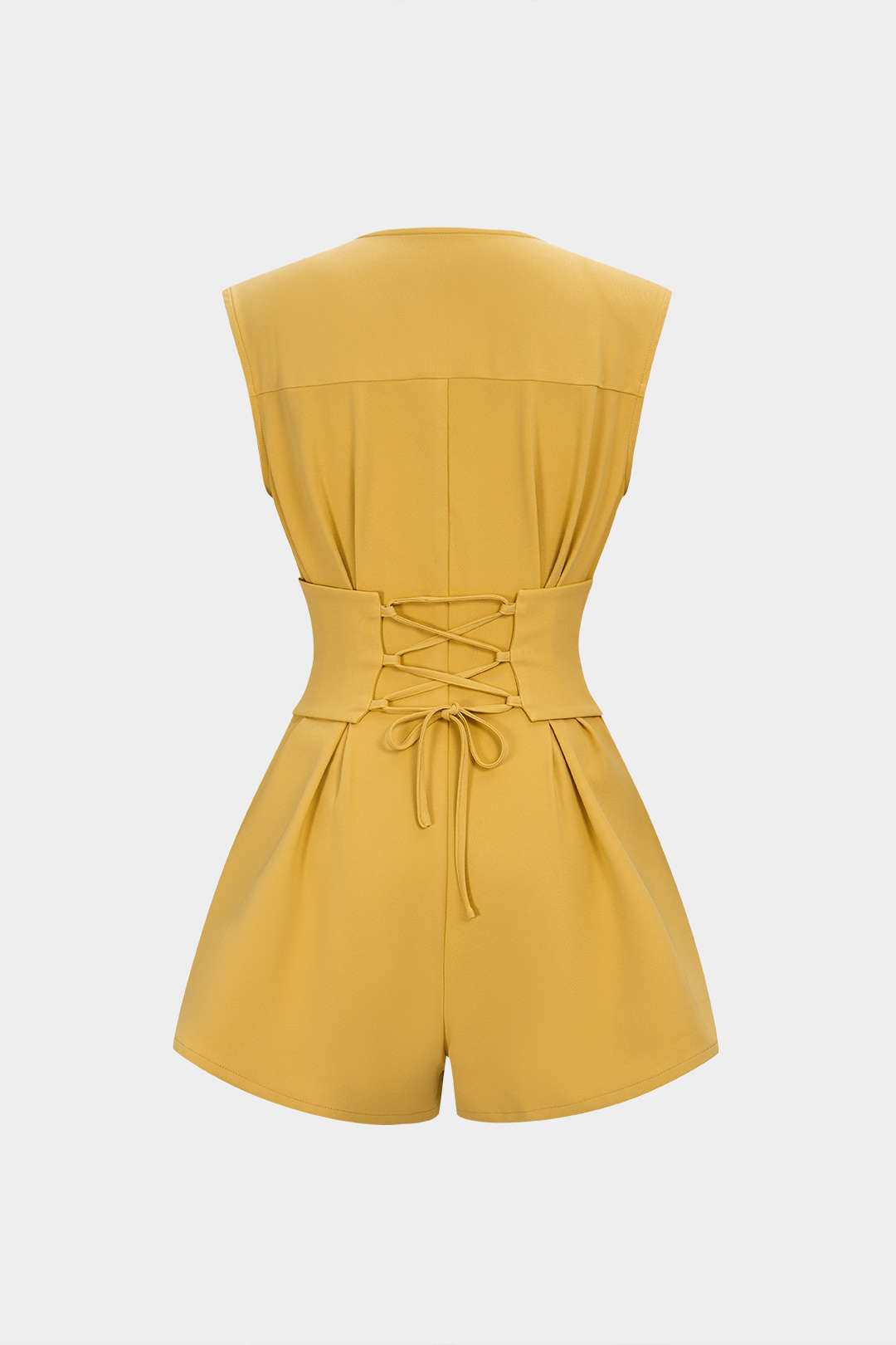 V-Neck Ruched Tie Back Zipper Sleeveless Romper