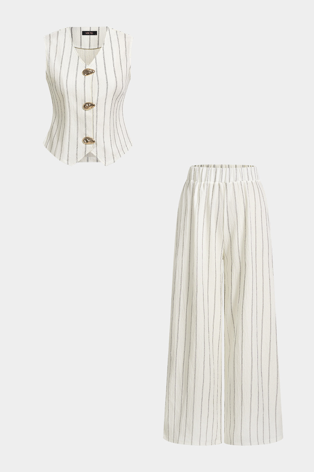 Stripes Print V-Neck Button Vest And Straight Leg Pants Set