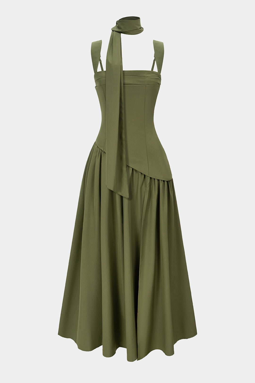 Asymmetrical Ruched Sleeveless Midi Dress With Scarf