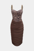Leopard Print Ruched Chain Slip Sleeveless Midi Dress