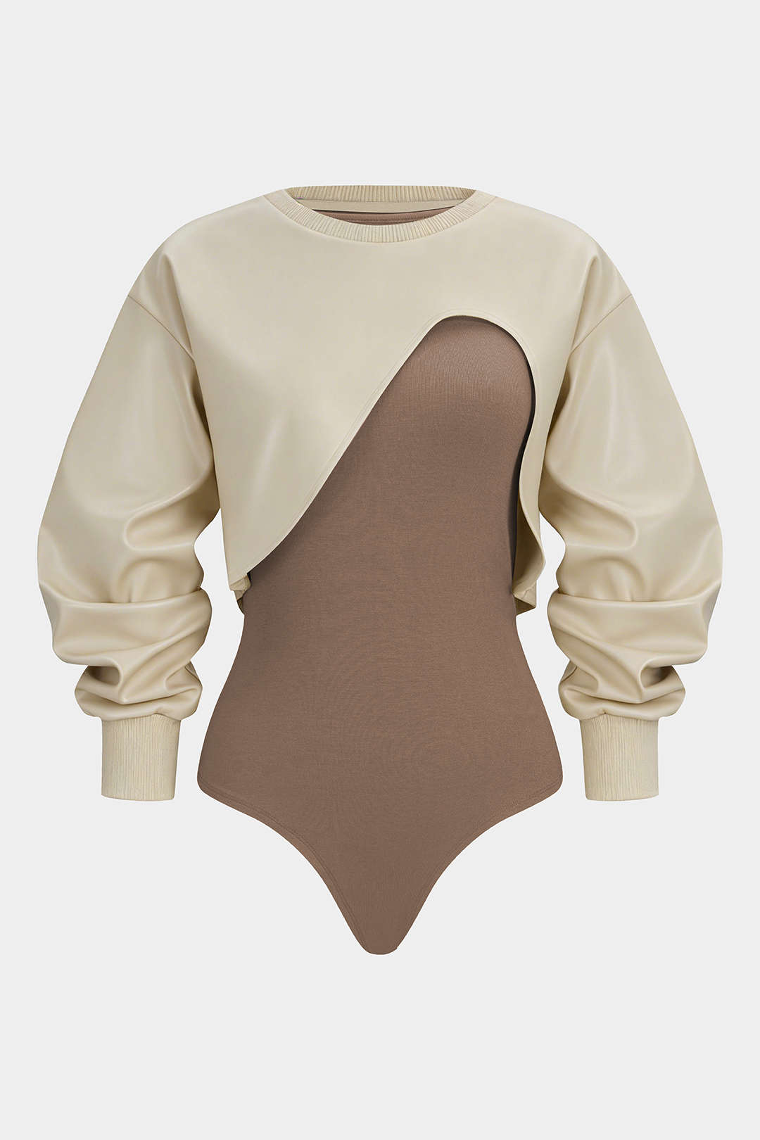 Faux Leather Patchwork Round Neck Asymmetrical Long Sleeve Bodysuit