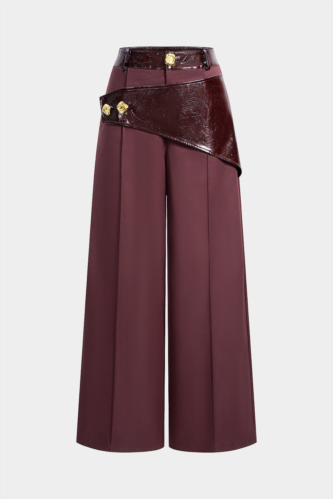 Faux Leather Patchwork Asymmetrical Metallic Button Wide Leg Pants