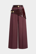 Faux Leather Patchwork Asymmetrical Metallic Button Wide Leg Pants