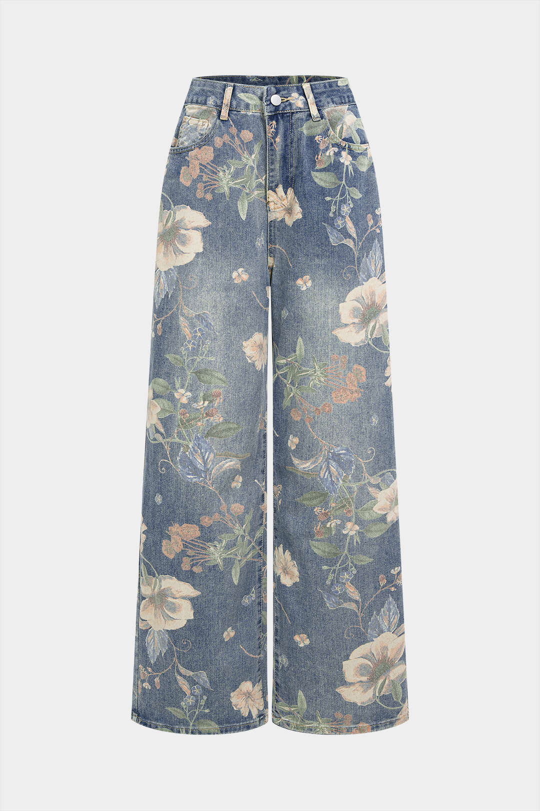 Denim Floral Print High Waist Straight Leg Jeans