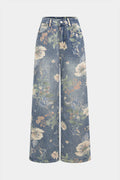 Denim Floral Print High Waist Straight Leg Jeans