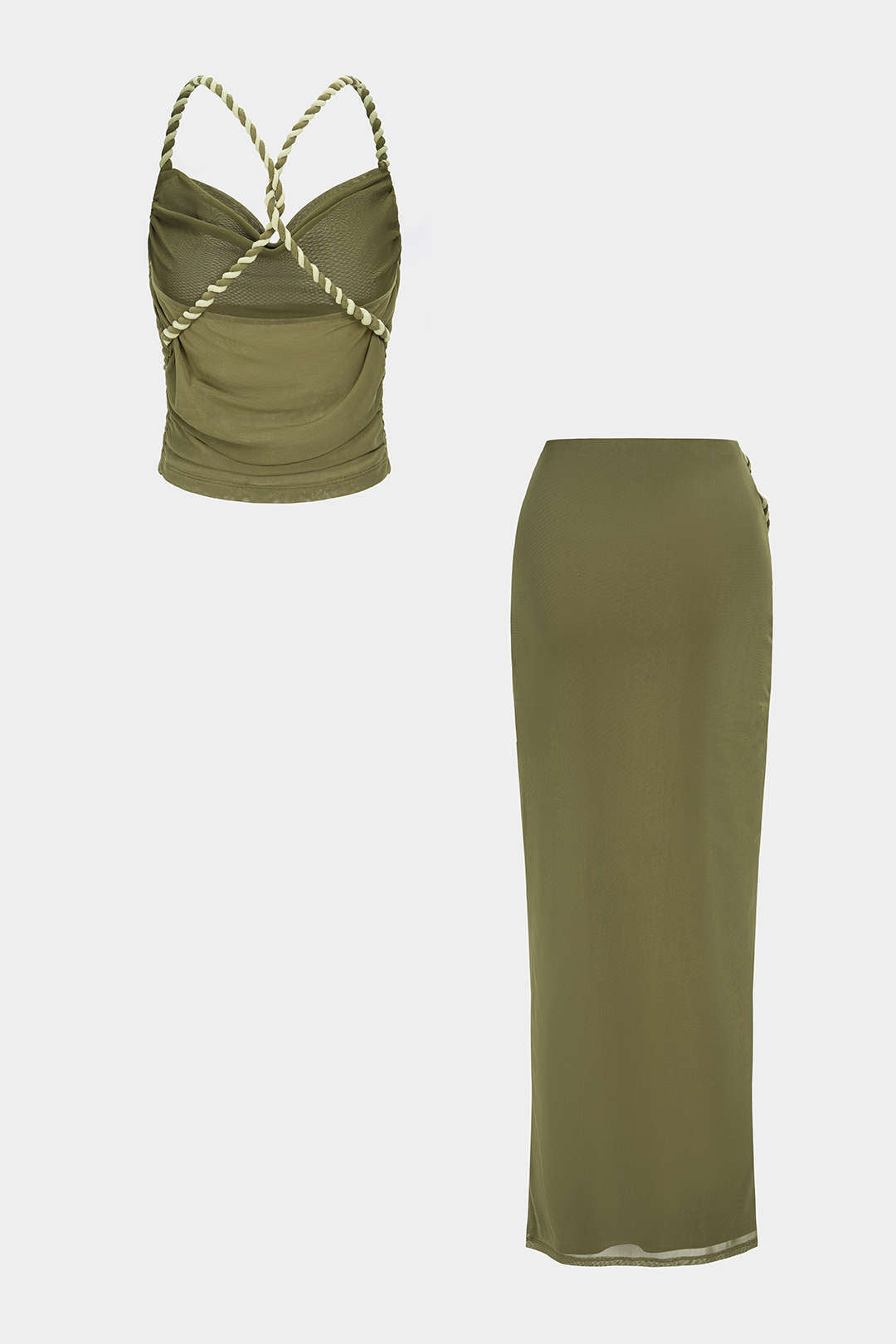 Mesh Crossed Twist Knot Backless Ruched Top And Asymmetrical Skirt Set