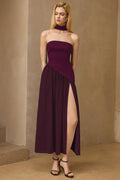 Contrast Satin Ruched Slit Strapless Maxi Dress