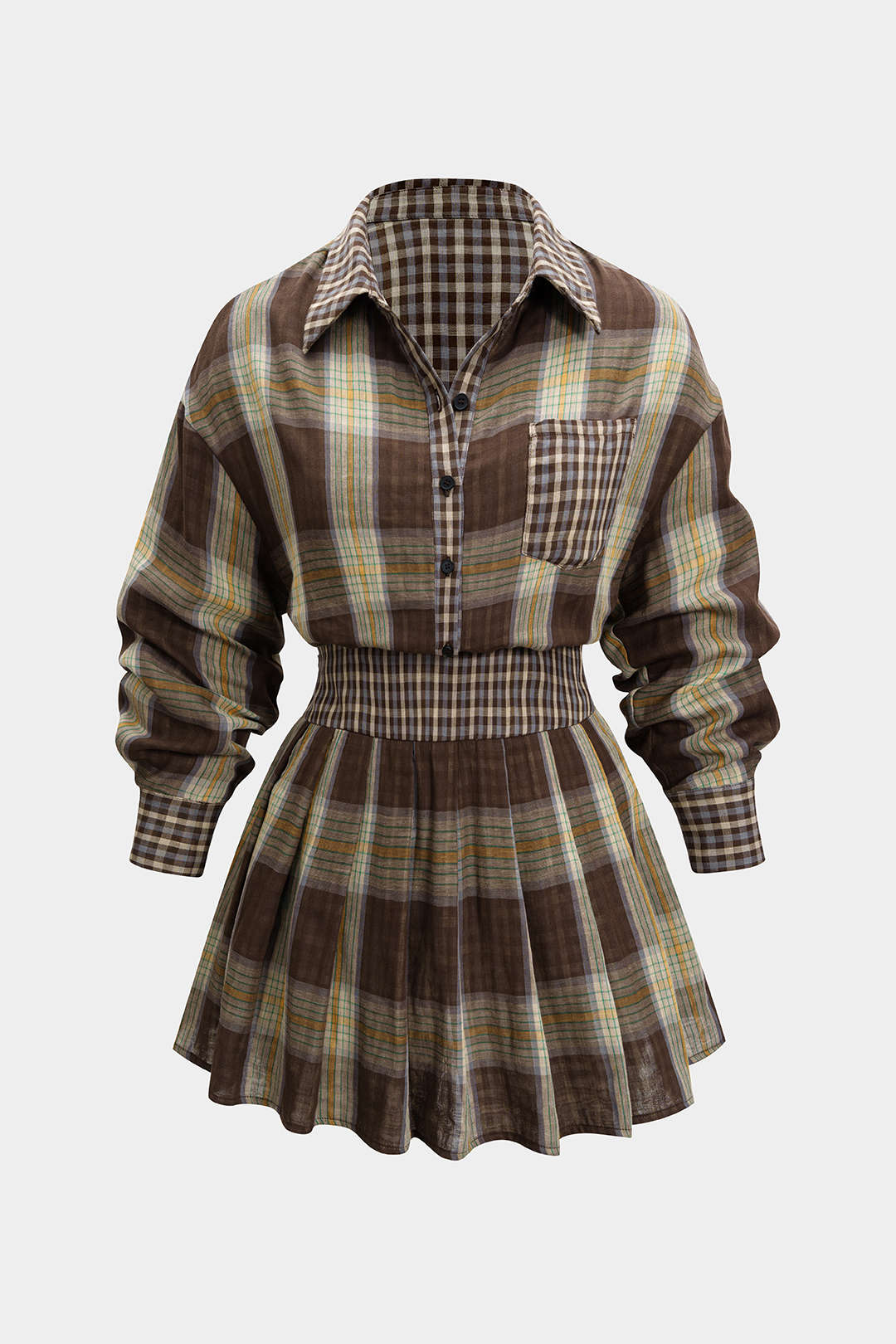 Plaid Print Button Long-Sleeve Shirt And Mini Skirt Set