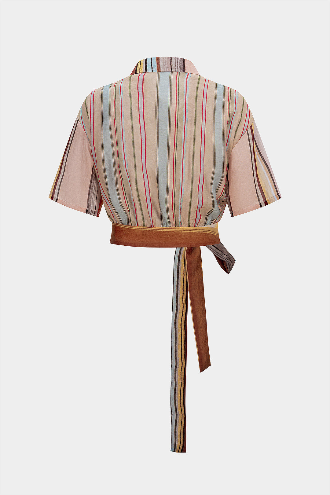 Stripes Print Button Tie-Up Asymmetrical Short-Sleeve Shirt