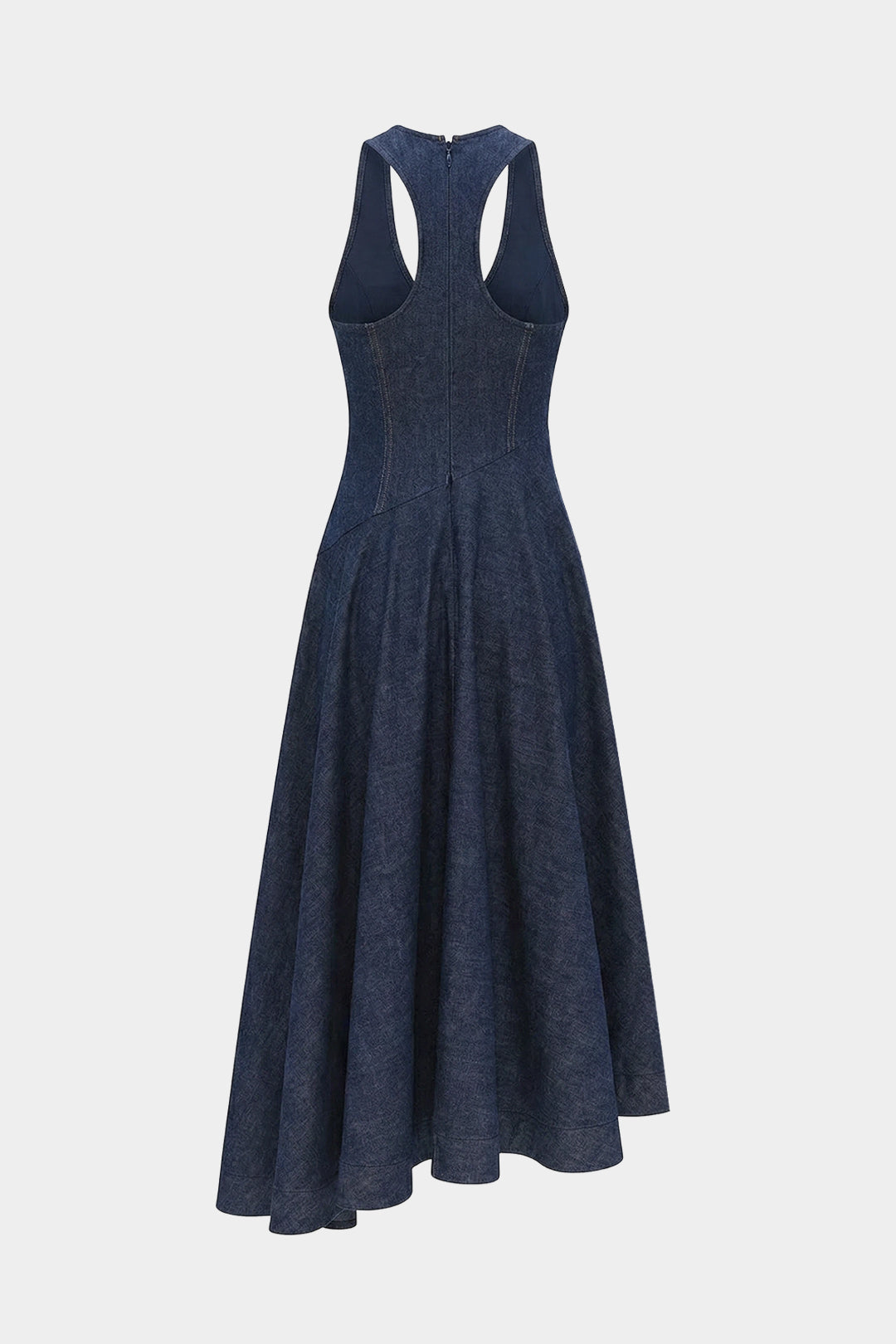 Denim Round Neck Asymmetrical Ruched Hem Sleeveless Dress
