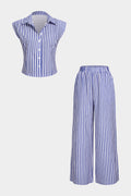 Stripes Print Lapel Sleeveless Top And Wide Leg Pants Set