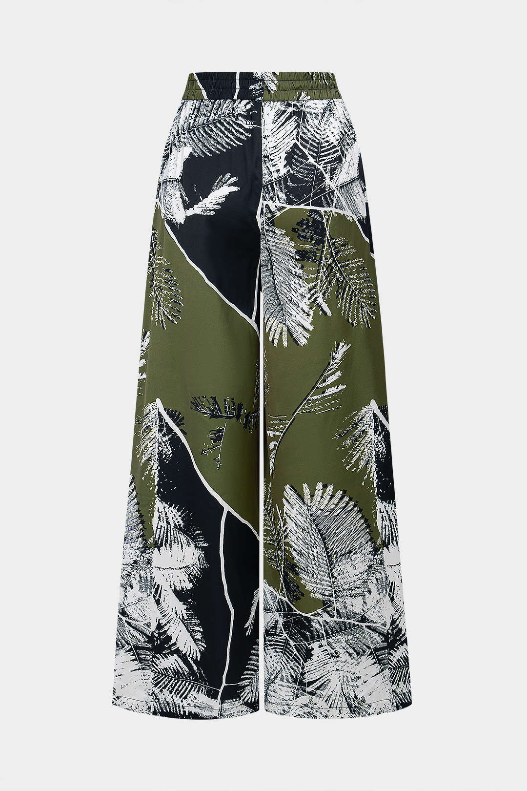 Leaves Contrast Print Satin Shirred Waistband Wide Leg Pants