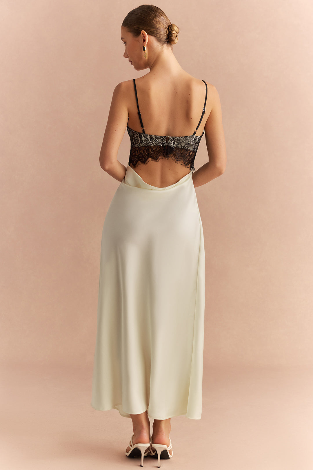 Satin Patchwork Lace Trim V-Neck Backless Sleeveless Maxi Dress