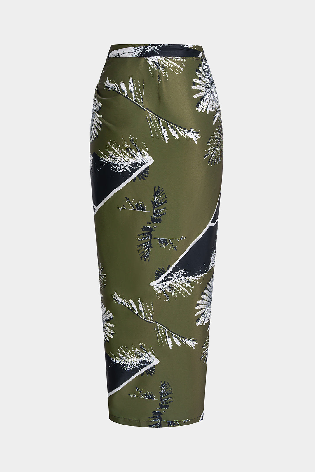 Leaves Print Satin Asymmetrical Tie-Up Ruched Skirt