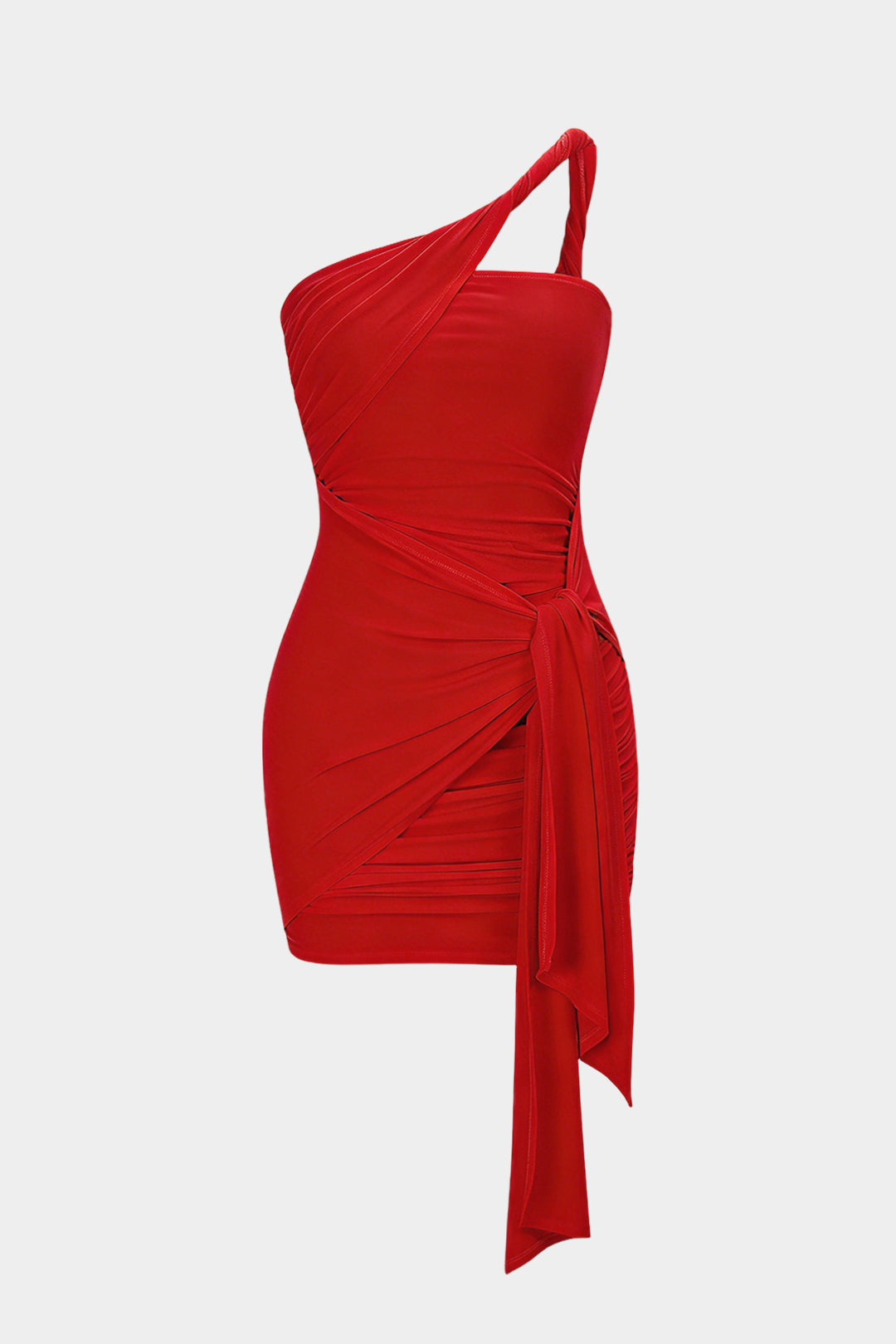One Shoulder Twist Knot Asymmetrical Tie-Up Ruched Sleeveless Mini Dress
