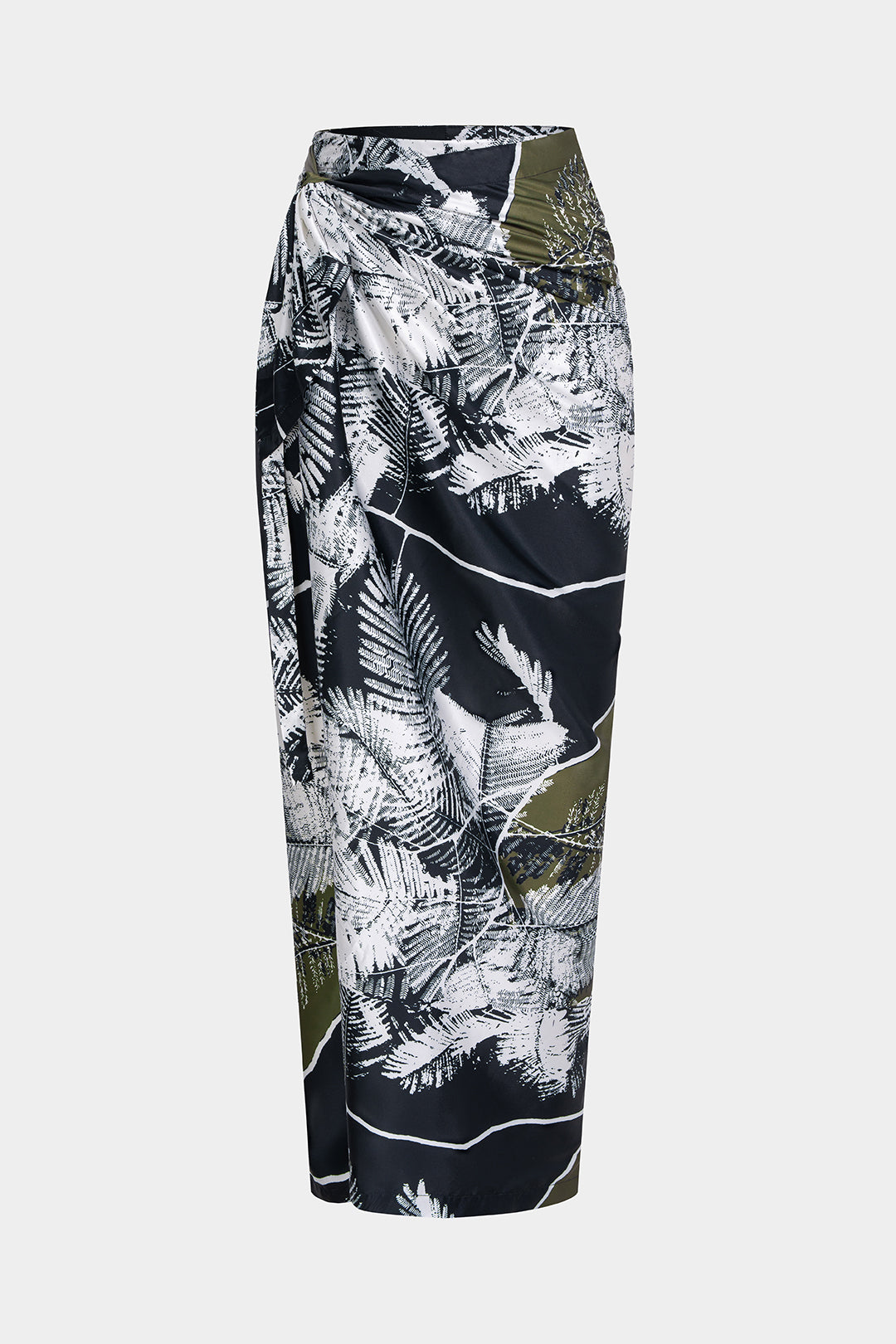 Leaves Print Satin Asymmetrical Tie-Up Ruched Skirt