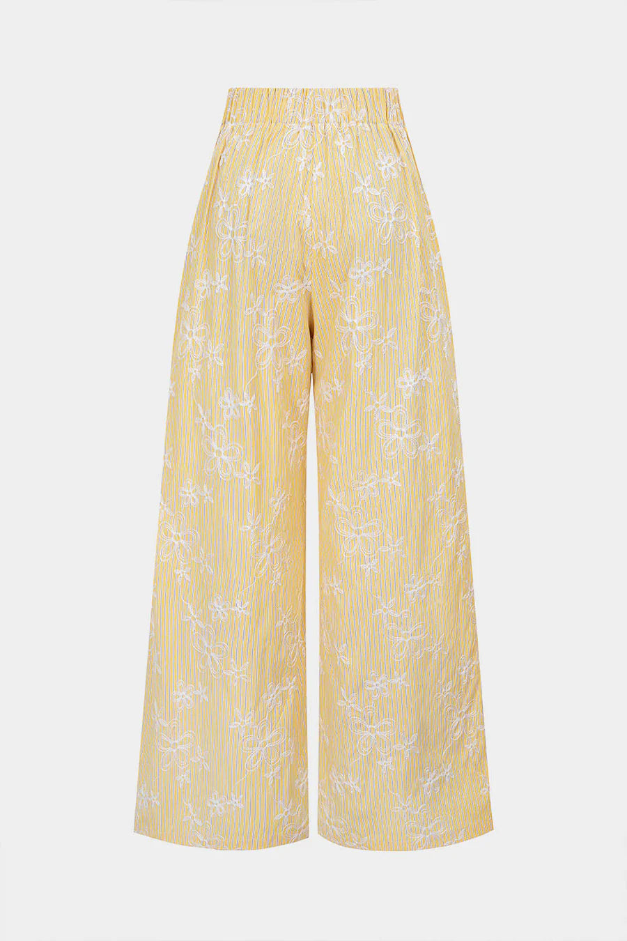 Stripes Floral Print Textured Shirred Waistband Button Ruched Wide Leg Pants