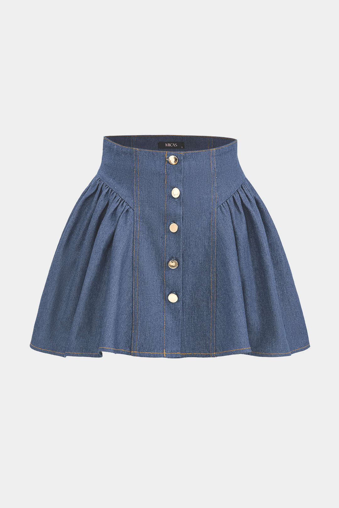 Denim Ruched Button High Waist Skirt