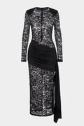Sheer Lace Round Neck Asymmetrical Ruched Tie-Up Long Sleeve Midi Dress