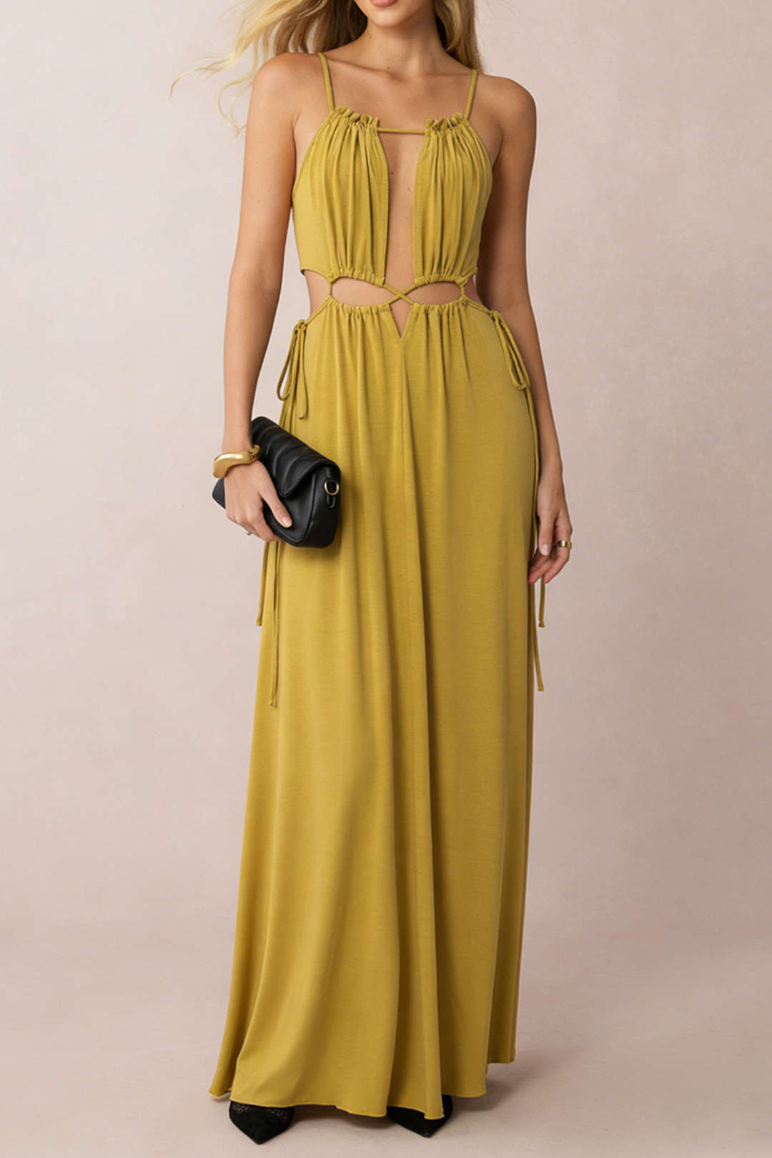 Ruched Cut Out Tie-Up Backless Sleeveless Maxi Dress