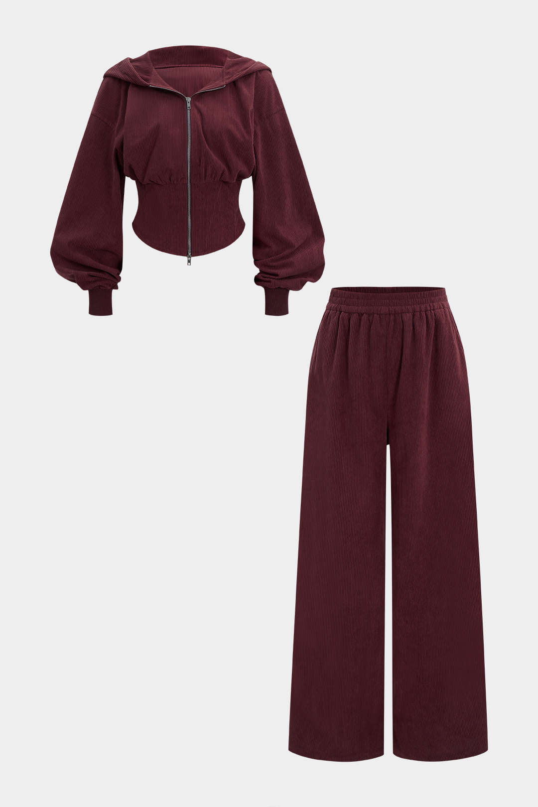 Waist-Cinching Zipper Hoodie And Shirred Waistband Pants Set