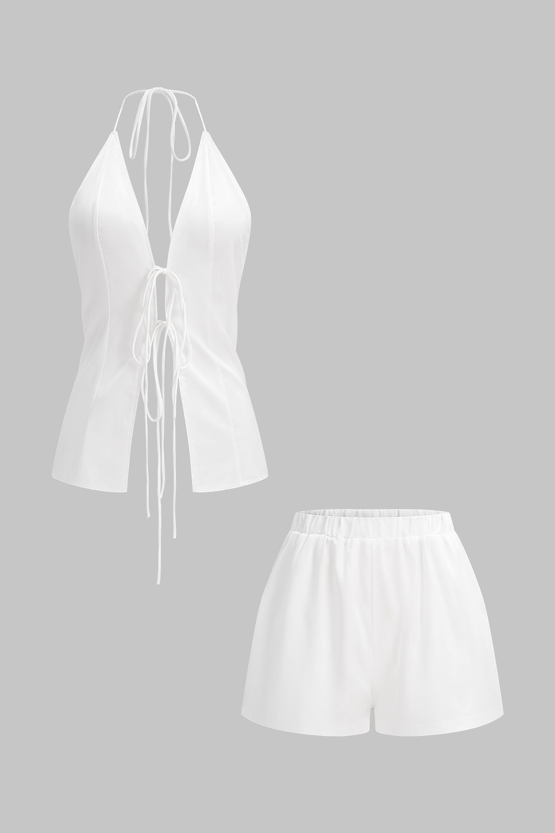 Satin Halter V-Neck Tie-Up Backless Top And High Waist Shorts Set