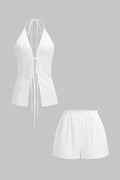 Satin Halter V-Neck Tie-Up Backless Top And High Waist Shorts Set