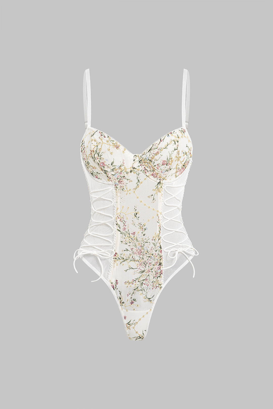 Lace Patchwork Embroidery Strappy Bodysuit