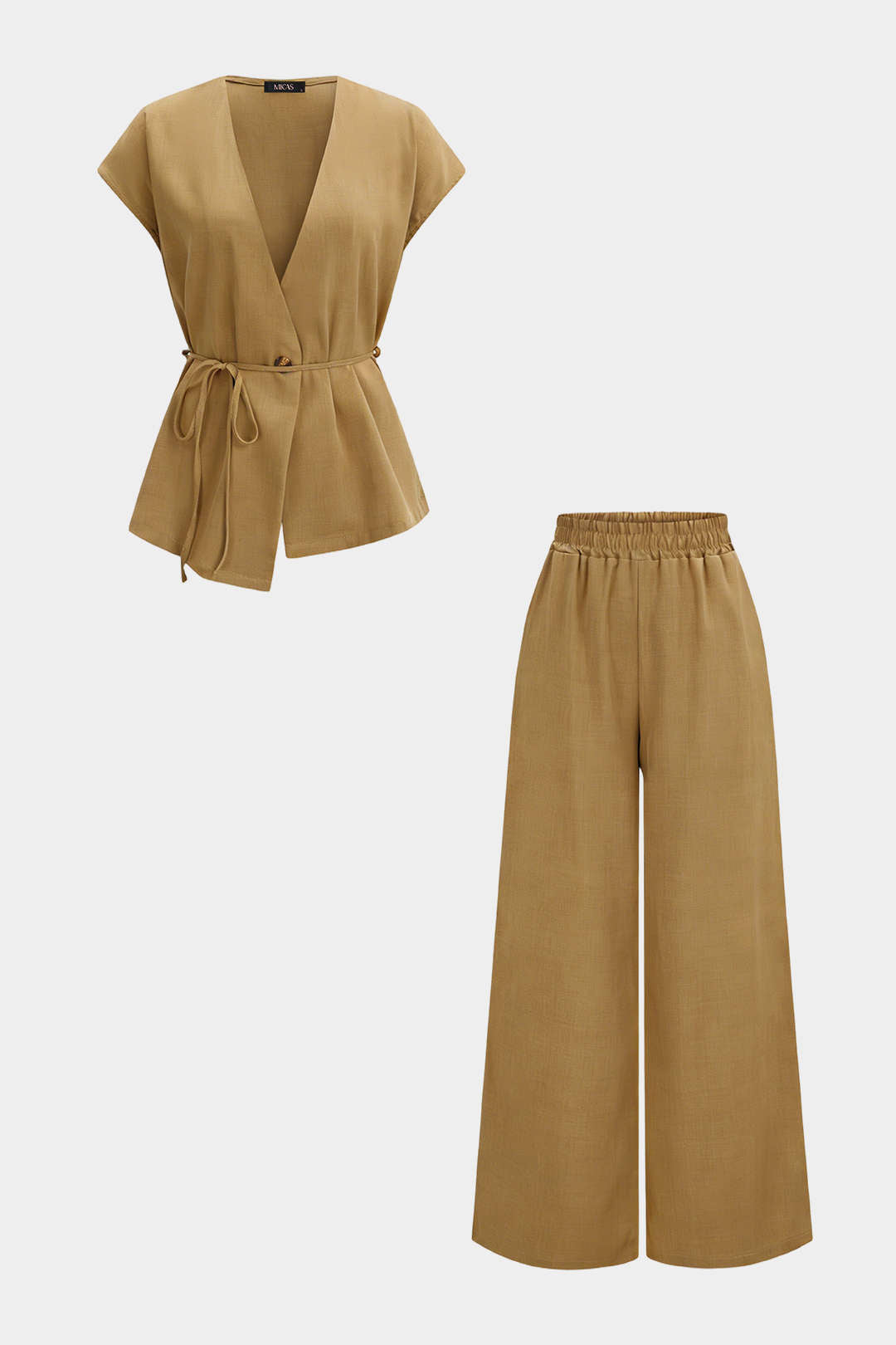 V-Neck Tie-Up Top And Shirred Waistband Wide Leg Pants Set