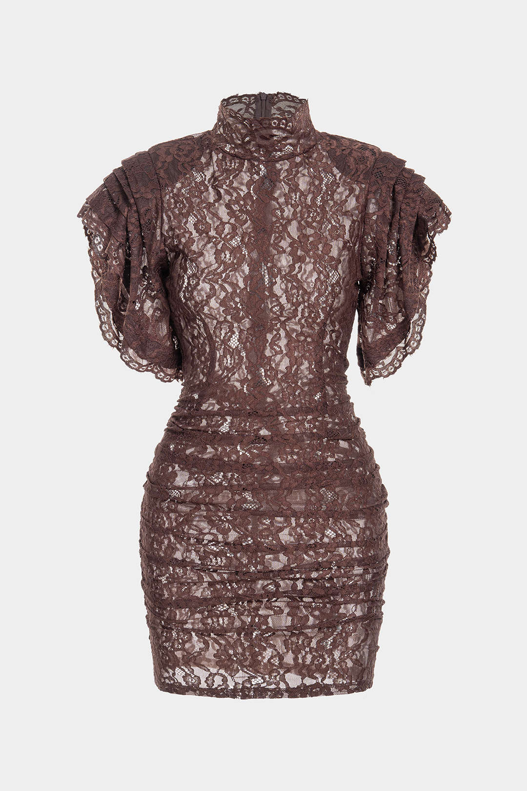 Sheer Lace Mock Neck Ruched Short Sleeve Mini Dress