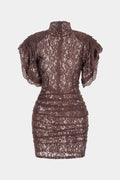 Sheer Lace Mock Neck Ruched Short Sleeve Mini Dress