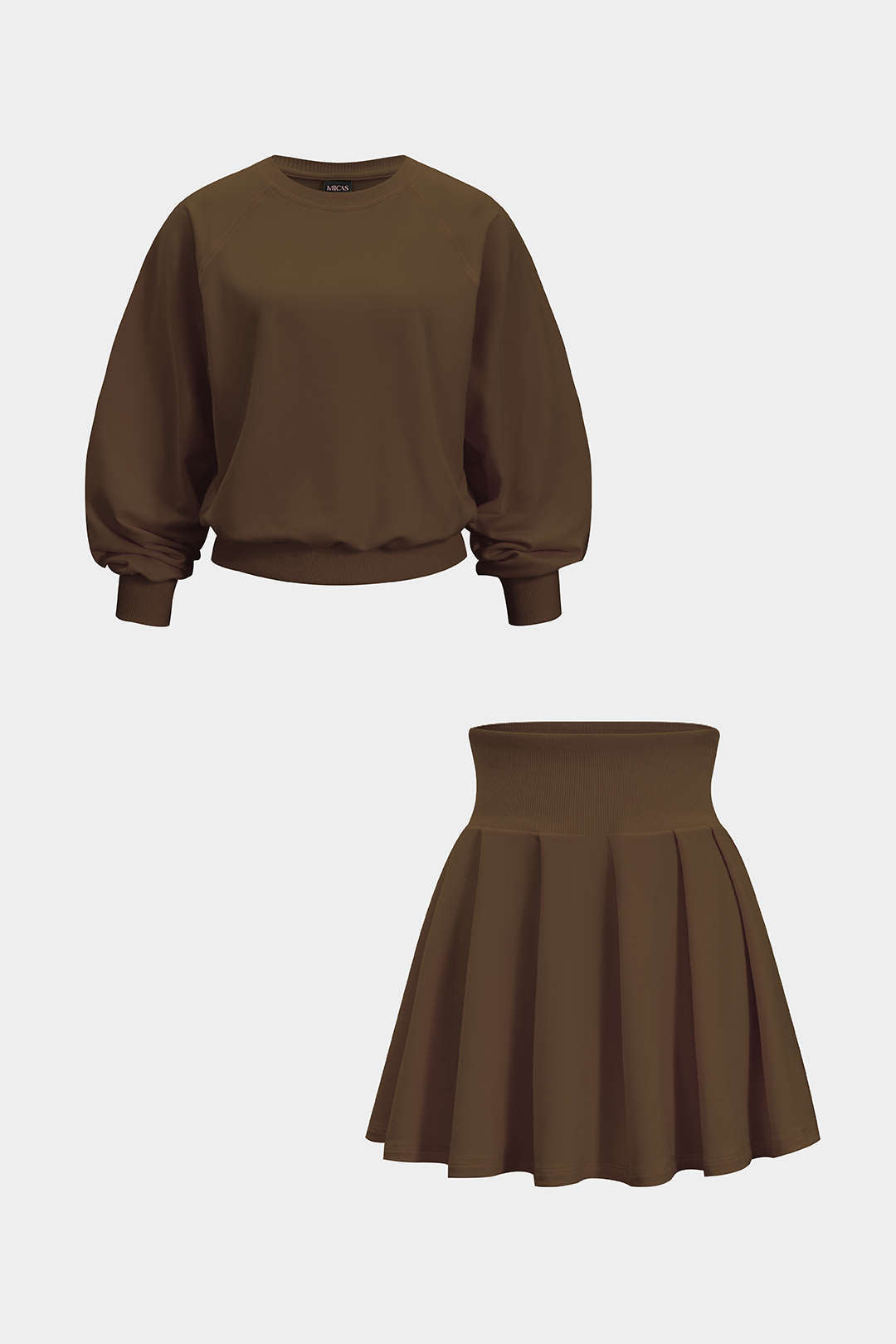 Solid Long-Sleeve Top And Pleated Skirt Set