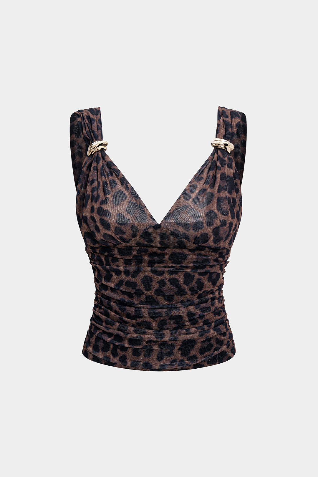 Leopard Print Mesh Ruched Metallic Decor Cami Top