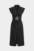 Lapel Metallic Ruched Short Sleeve Midi Dress