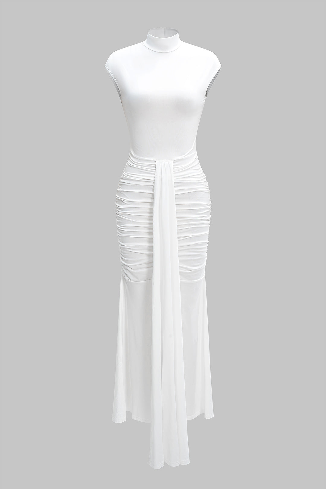 Solid Mock Neck Ruched Sleeveless Maxi Dress