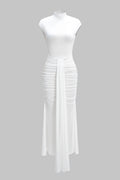 Solid Mock Neck Ruched Sleeveless Maxi Dress