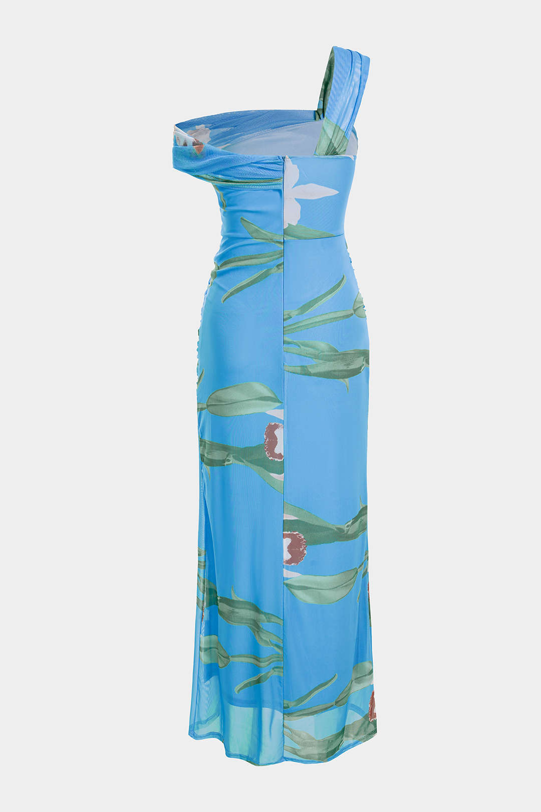Floral Print Mesh Patchwork One Shoulder Strapless Sleeveless Maxi Dress