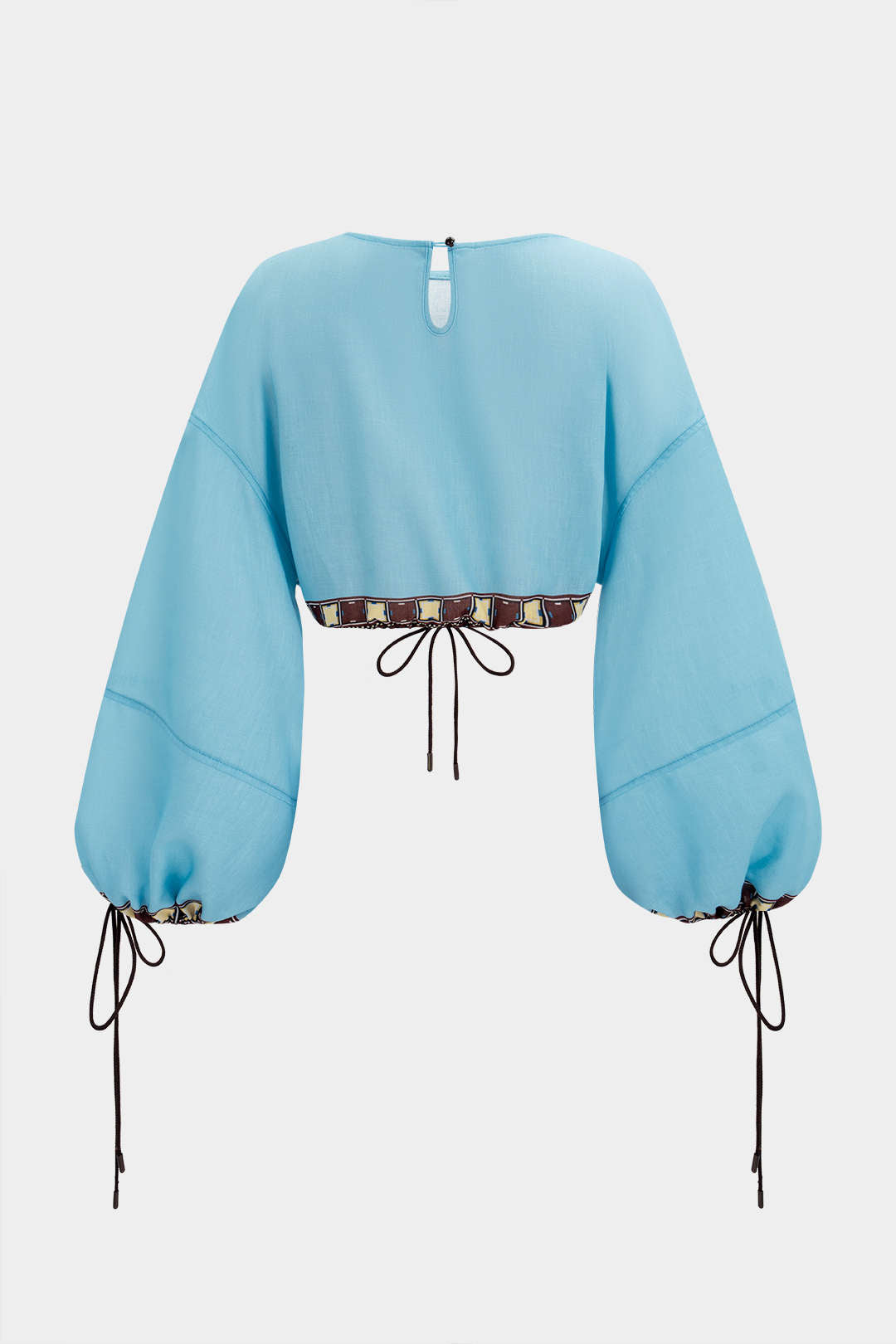 Geometric Print Linen Patchwork Round Neck Drawstring Long Sleeve Top