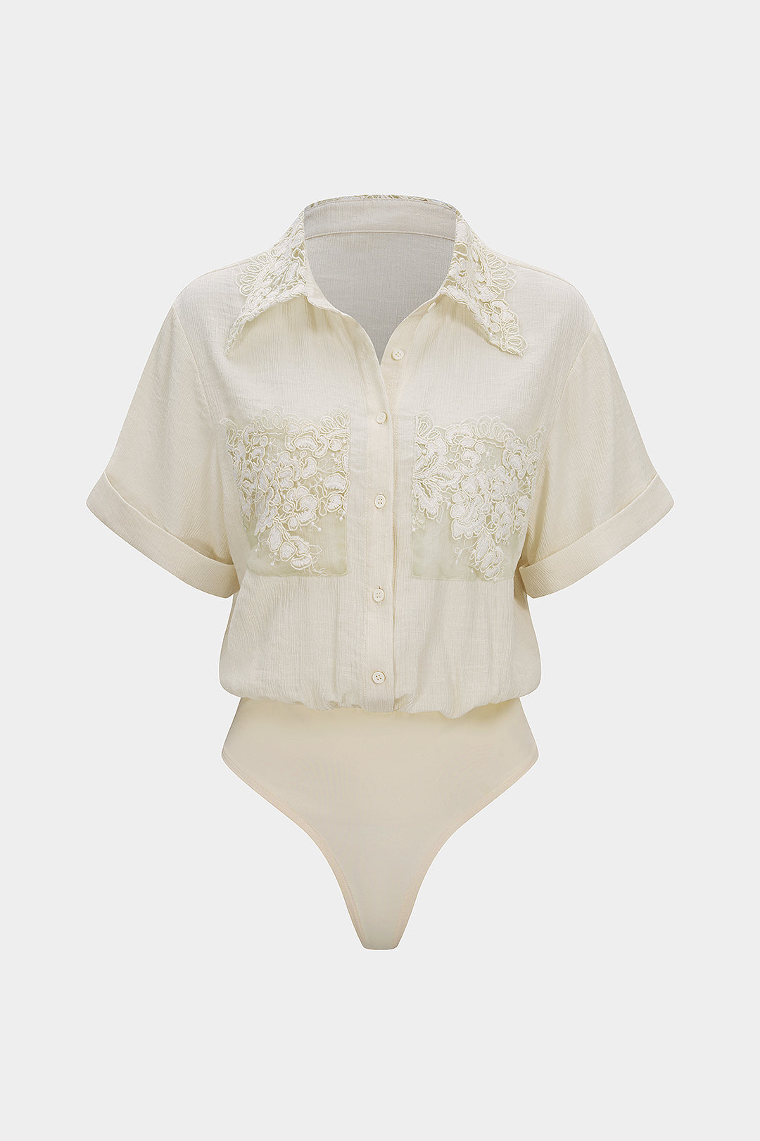 Patchwork Jacquard Lapel Short Sleeve Pocket Bodysuit