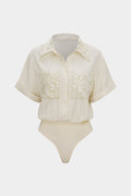 Patchwork Jacquard Lapel Short Sleeve Pocket Bodysuit