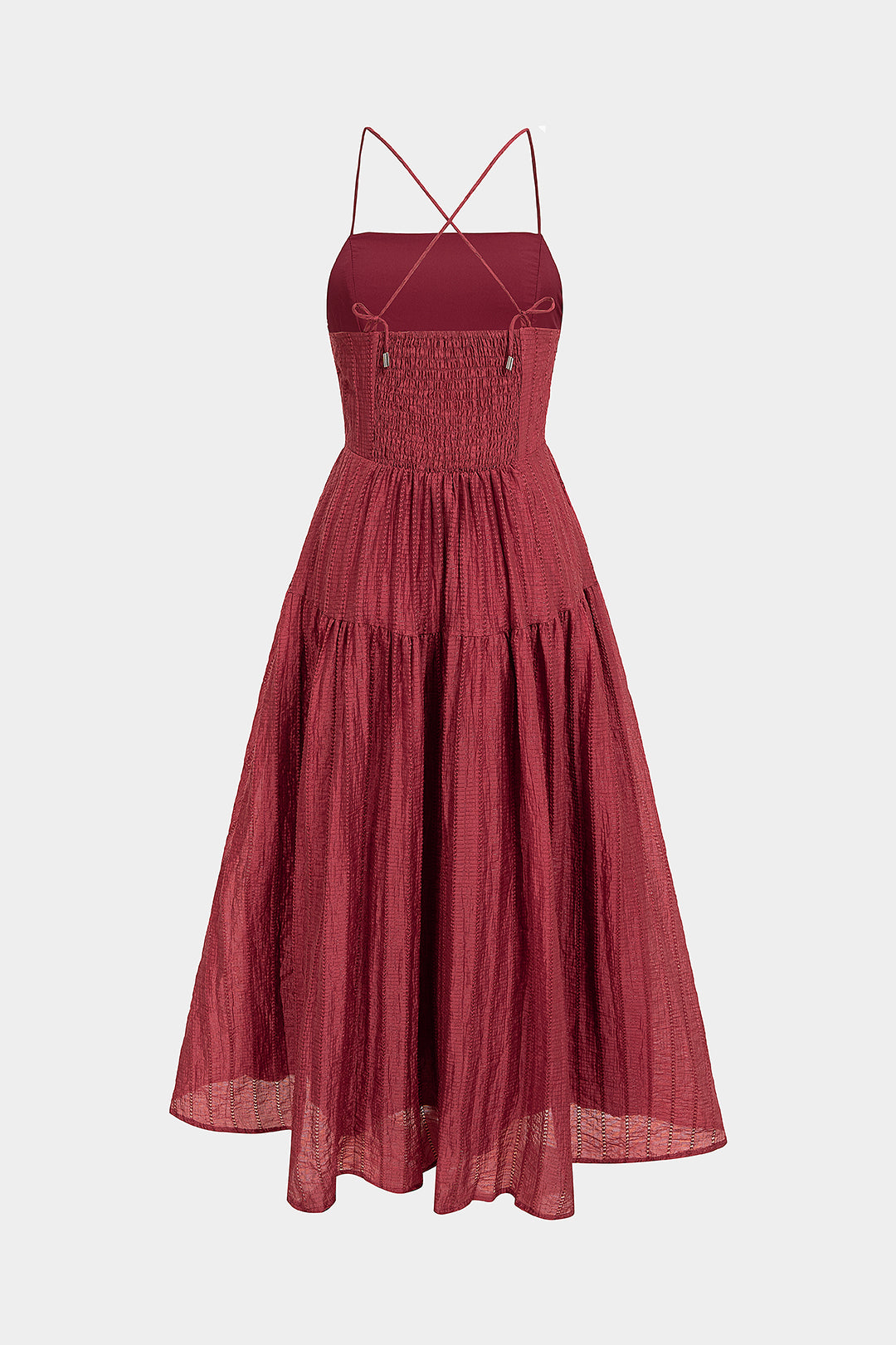 Textured Crossed Backless Smocked Sleeveless Midi Dress