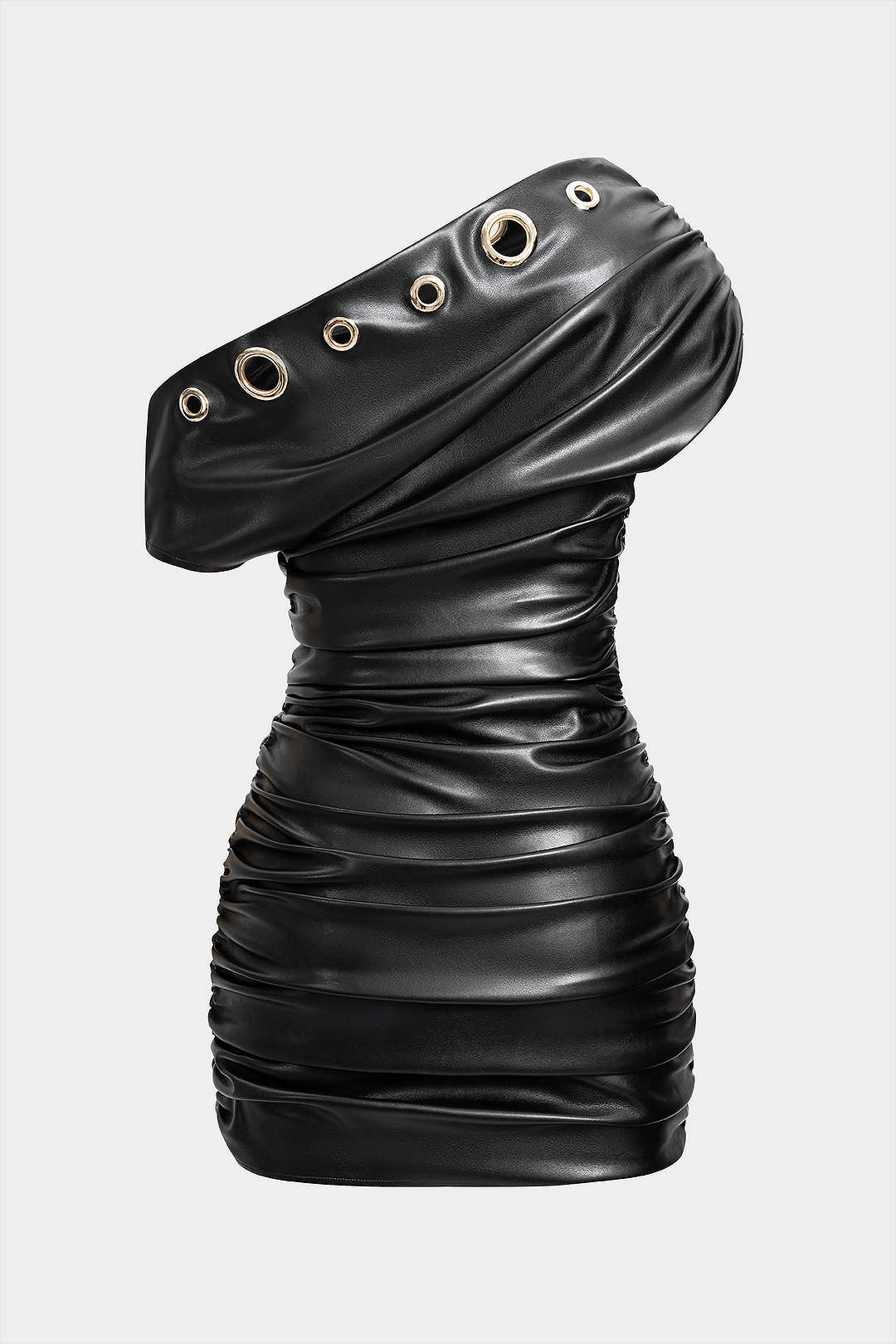 Faux Leather Metallic Eyelet Ruched One Shoulder Mini Dress