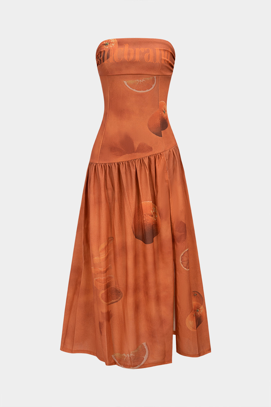 Fruit Letter Print Ruched Strapless Sleeveless Midi Dress