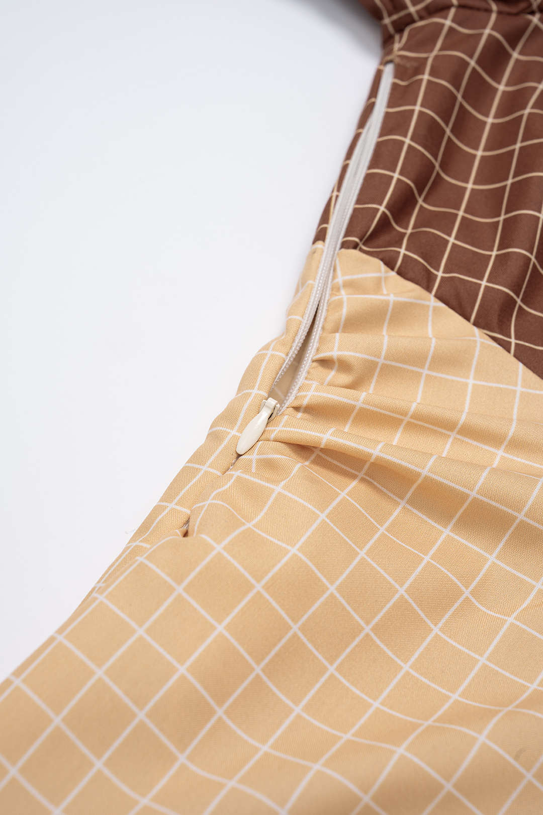 Plaid Print Contrast Asymmetrical Ruched Long Sleeve Midi Dress