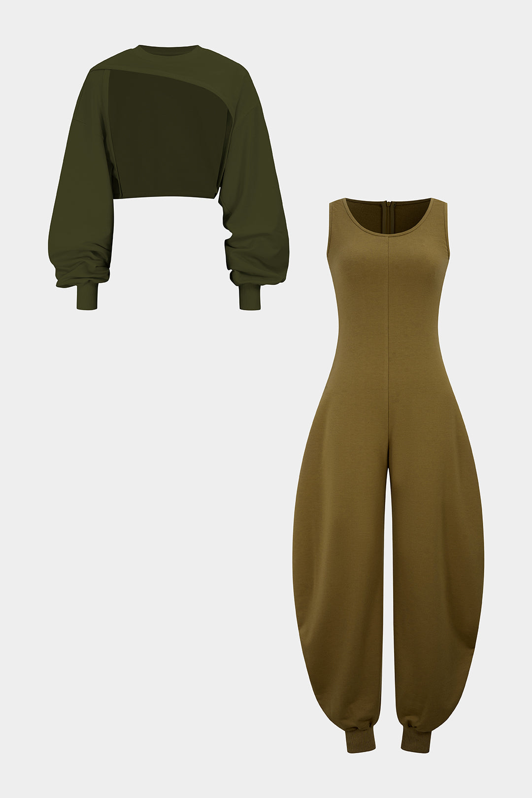 Solid Long-Sleeve Top And Sleeveless Jumpsuit Set
