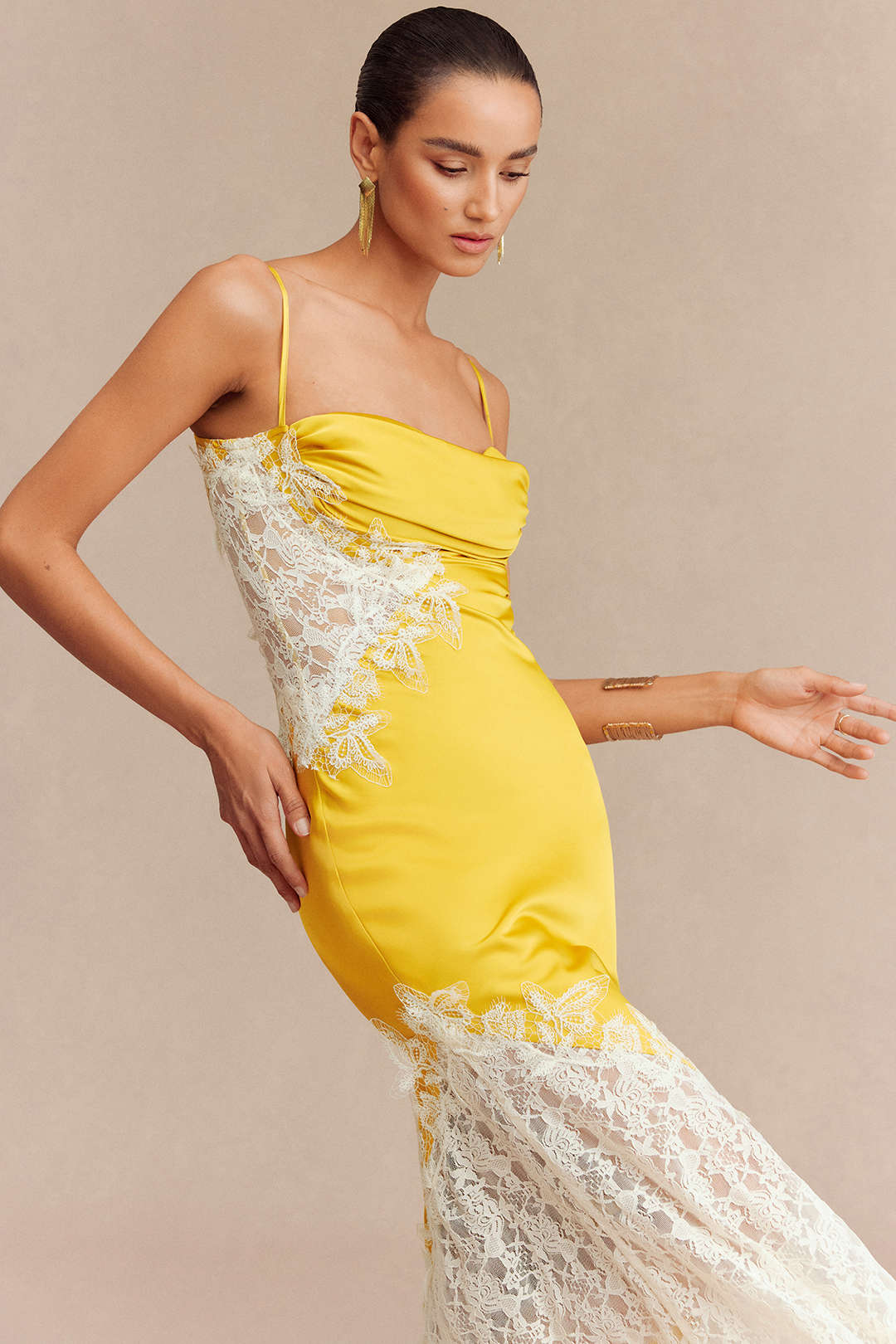 Lace Trim Patchwork Satin Asymmetrical Sleeveless Maxi Dress