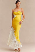 Lace Trim Patchwork Satin Asymmetrical Sleeveless Maxi Dress