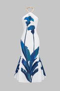 Branches Print Halter Neck Ruched Sleeveless Maxi Dress